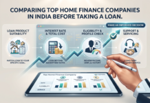 How to Compare a Top Home Finance Company in India Before Taking a Loan A professional financial planning concept showing a comparative checklist, an online EMI calculator interface, and property documents for a home loan.